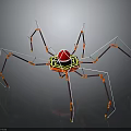 Geometric Mechanical Spider Character Featuring Red Yellow Structure Long Legs And Reflective Surface 3d model