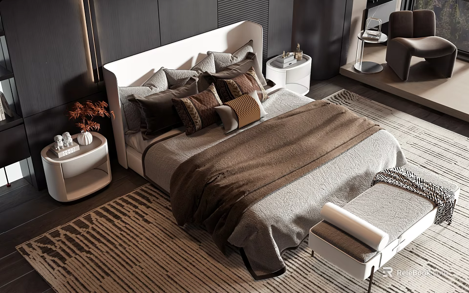Modern Minimalist Bedroom Double Bed With White Headboard Plush Pillows Brown Blanket And Bedside Tables 3d model 