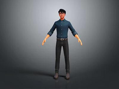 Man in Blue Shirt with Rolled Up Sleeves Standing on Grey Background Wearing Glasses 3d model