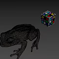 Green Frog With Extended Legs and Colorful Rubik's Cube in Gray Setting
