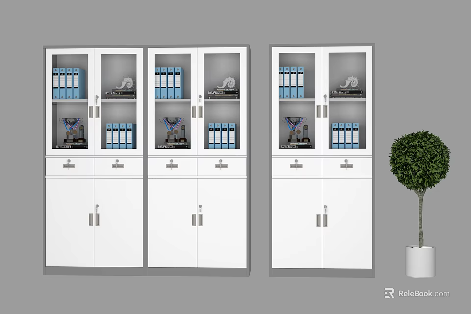 White Office Storage Cabinets With Glass Doors Blue Folders And Green Potted Plant 3d model 