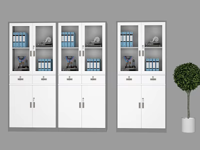 White Office Storage Cabinets With Glass Doors Blue Folders And Green Potted Plant 3d model