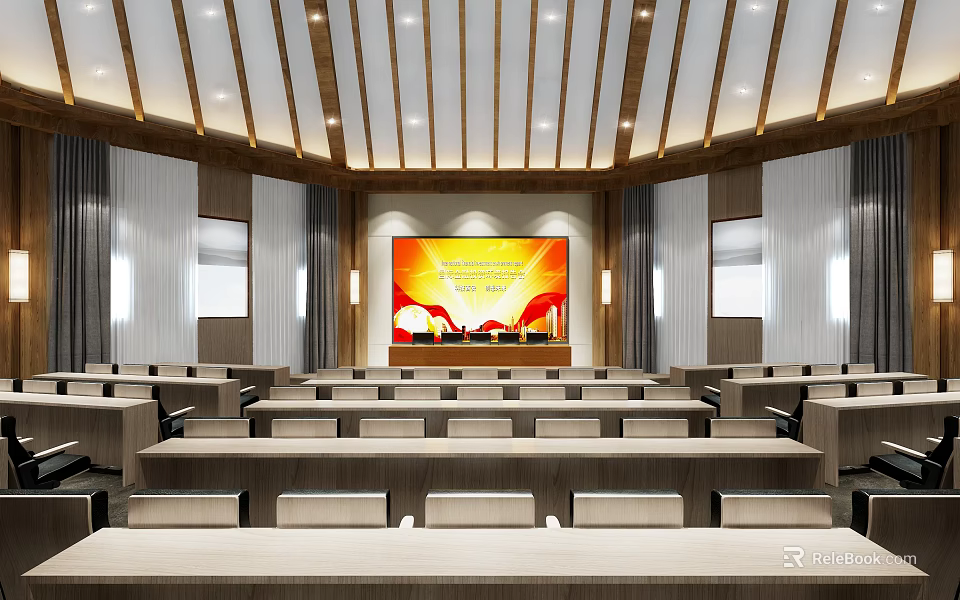 Modern Conference Room Interior With Large Projection Screen And Neatly Arranged Seats Tables 3d model 