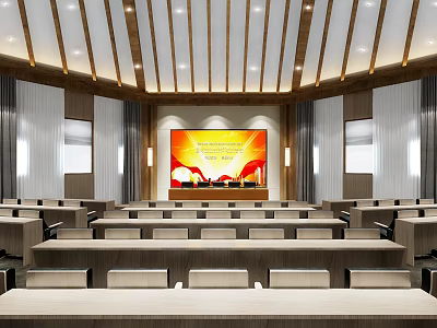 Modern Conference Room Interior With Large Projection Screen And Neatly Arranged Seats Tables 3d model