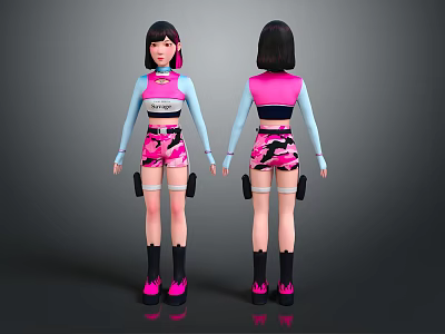 3D Female Character With Headphones Front Back View TRAPSTAR Top Pink Camo Shorts White Straps 3d model