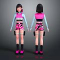 3D Female Character With Headphones Front Back View TRAPSTAR Top Pink Camo Shorts White Straps