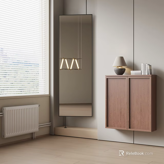 Modern Room Interior With Brown Wall Cabinet Window Blinds Mirror Pendant Light And Table Lamp 3d model 