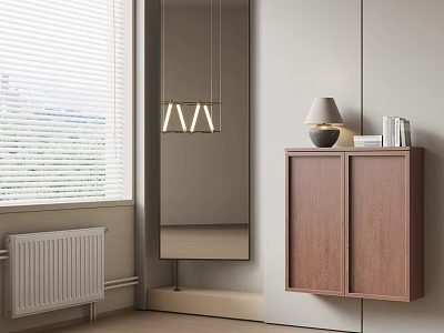 Modern Room Interior With Brown Wall Cabinet Window Blinds Mirror Pendant Light And Table Lamp 3d model