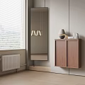 Modern Room Interior With Brown Wall Cabinet Window Blinds Mirror Pendant Light And Table Lamp