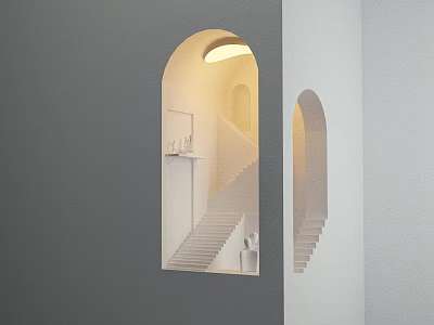 Illuminated Wall Lamp In Arched Niche On Gray Wall With Staircase And Mirror 3d model