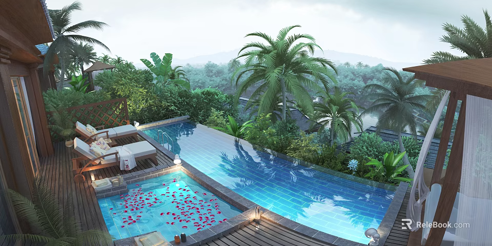 Tropical Landscape With Infinity Pool Palm Trees Lush Greenery And Flower Petals On Wooden Deck 3d model 