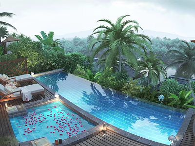 Tropical Landscape With Infinity Pool Palm Trees Lush Greenery And Flower Petals On Wooden Deck 3d model