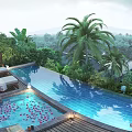 Tropical Landscape With Infinity Pool Palm Trees Lush Greenery And Flower Petals On Wooden Deck