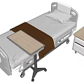 Hospital Bed with White Sheets Brown Blanket Movable Overbed Table and Bedside Table with Flowers