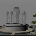 Decorative Garden Fountain With Circular Base Multiple Water Jets And Surrounding Green Trees