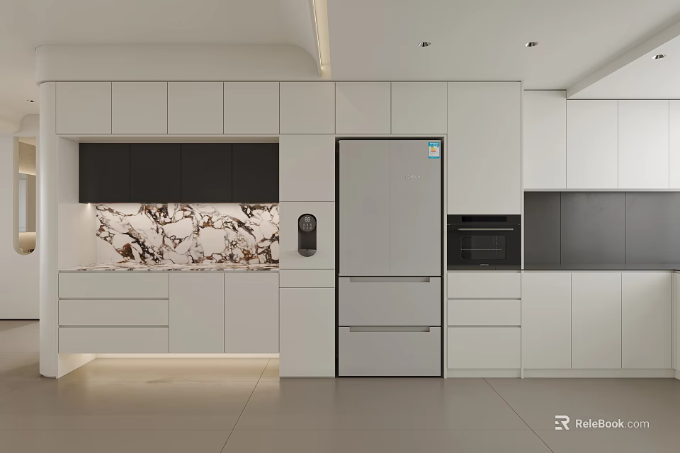 Modern Kitchen Interior Design With White Black Cabinets Marble Textured Backsplash Silver Fridge Built-in Oven 3d model 