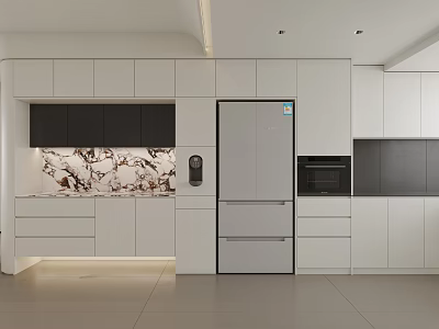 Modern Kitchen Interior Design With White Black Cabinets Marble Textured Backsplash Silver Fridge Built-in Oven 3d model