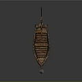 Vintage Wooden Boat With Weathered Hull Curved Bow Stern Decorations And Hanging Glass Lantern