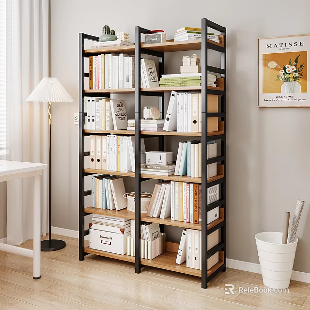 Modern Multilayer Bookcase With Wooden And Metal Frame Stacked Books Folders And Storage Boxes 3d model 