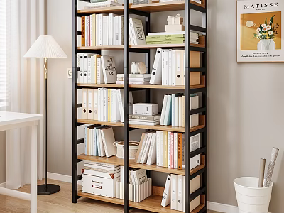Modern Multilayer Bookcase With Wooden And Metal Frame Stacked Books Folders And Storage Boxes 3d model