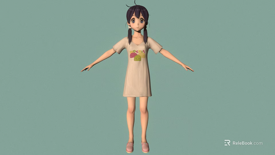 Anime Girl Character With Twin Braids Beige Dress Fruit Pattern Pink Shoes Light Green Background 3d model 