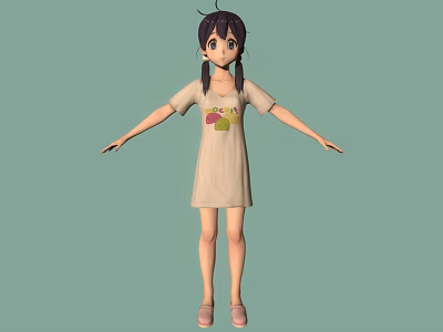 Anime Girl Character With Twin Braids Beige Dress Fruit Pattern Pink Shoes Light Green Background 3d model