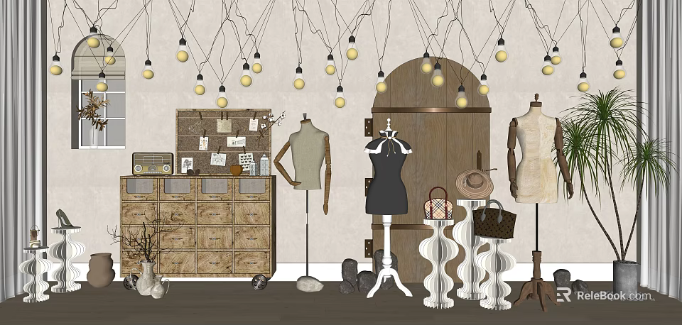 Clothing Store Interior With Hanging Light Bulbs Wooden Cabinet Mannequins Dresses Handbags And Hats 3d model 