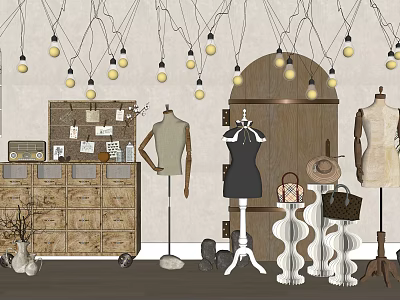 Clothing Store Interior With Hanging Light Bulbs Wooden Cabinet Mannequins Dresses Handbags And Hats 3d model