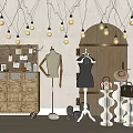 Clothing Store Interior With Hanging Light Bulbs Wooden Cabinet Mannequins Dresses Handbags And Hats