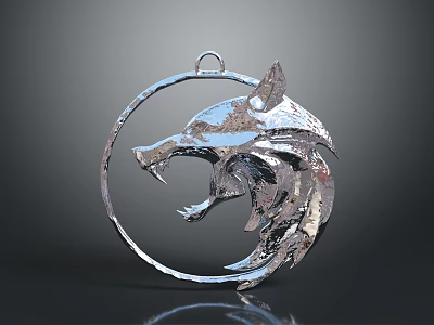 Silver Wolf Head Pendant with Circular Frame as Stylish Clothing Accessory 3d model