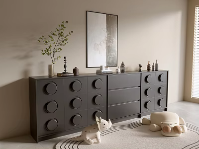Gray Chest of Drawers Featuring Circular Decorations Toys Artwork Window and Rug 3d model