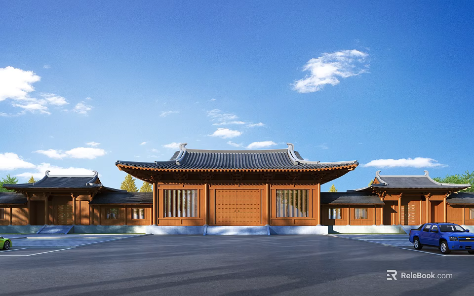 Ancient Chinese Architecture Featuring Wooden Structure Overhanging Eaves And Tile Roof Under Blue Sky 3d model 