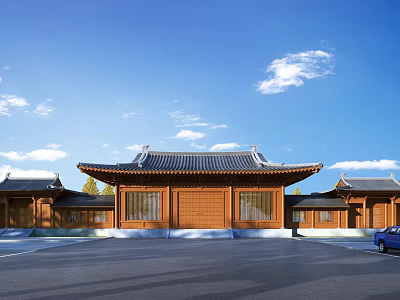 Ancient Chinese Architecture Featuring Wooden Structure Overhanging Eaves And Tile Roof Under Blue Sky 3d model