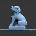 Blue Lion Statue In Sitting Pose With Decorative Collar On Brick Pedestal
