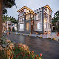 Modern Two Story Detached Villa With Palm Trees Greenery And Driveway