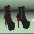 Black Patent Leather High Heel Platform Boots With Red Laces And Red Heels
