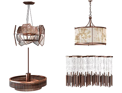 Artistic Modern Chandeliers With Geometric Metal Frame Fabric Shade And Hanging Tassels 3d model