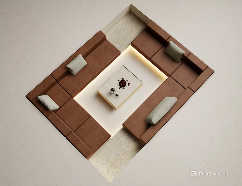 Modern Brown Multi Person Sofa With Square Coffee Table Light Colored Cushions And Tea Set 3d model