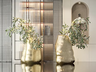 Gold Textured Vases With Fresh Olive Branches In Modern Interior Space 3d model