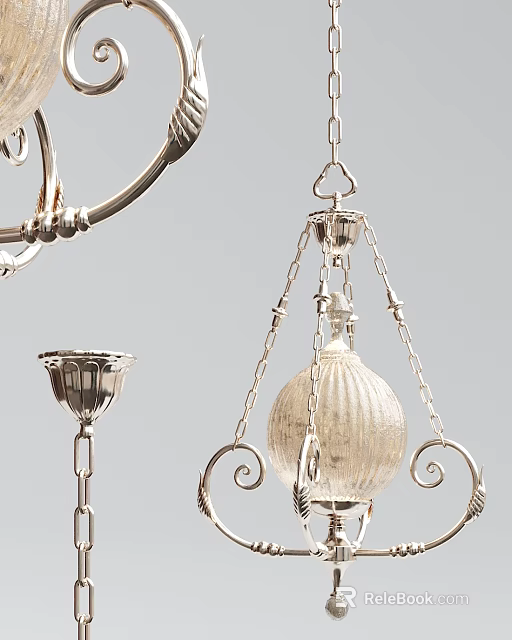 Classic Silver Metal Chandelier With Chain Hanging Glass Globe Shade And Ornate Curved Details 3d model 