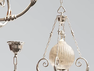 Classic Silver Metal Chandelier With Chain Hanging Glass Globe Shade And Ornate Curved Details 3d model