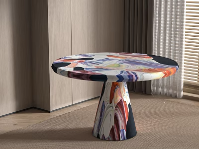 Round Modern Dining Table With Colorful Patterned Tabletop And Tapered Base In Interior Setting 3d model