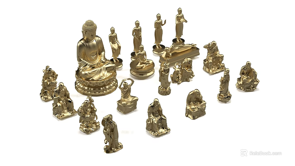 Golden Carved Sculptures Featuring Buddha Figurines And Various Designs 3d model 
