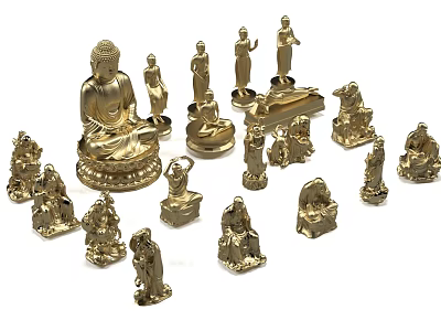 Golden Carved Sculptures Featuring Buddha Figurines And Various Designs 3d model
