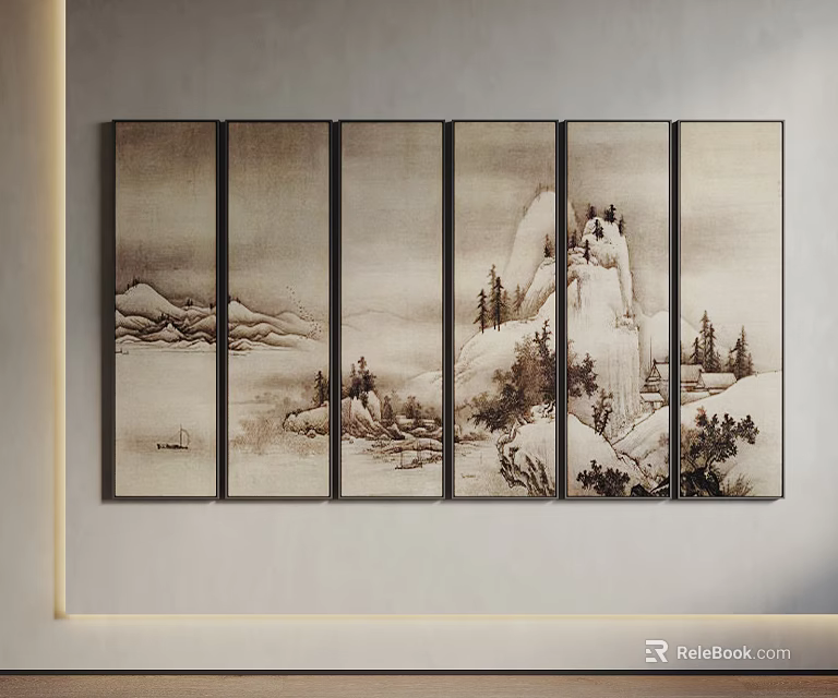Chinese Traditional Six Panel Snowy Landscape Painting Hanging On Indoor Wall With Mountain Trees 3d model 