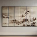 Chinese Traditional Six Panel Snowy Landscape Painting Hanging On Indoor Wall With Mountain Trees