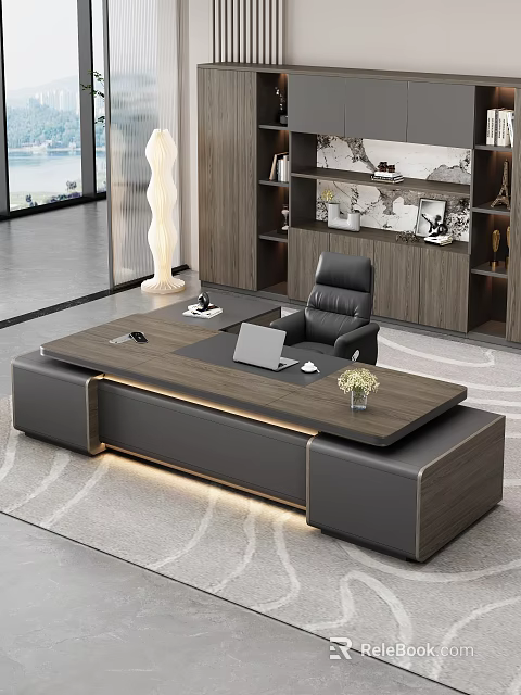 Modern Office Desk With Wooden Leather Surface Laptop Phone Vase Black Chair And Bookshelf 3d model 