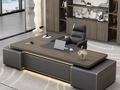 Modern Office Desk With Wooden Leather Surface Laptop Phone Vase Black Chair And Bookshelf 3d model