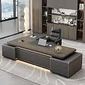 Modern Office Desk With Wooden Leather Surface Laptop Phone Vase Black Chair And Bookshelf