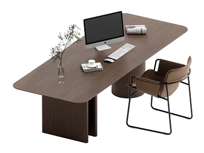 Modern Wooden Desk with Computer Monitor Keyboard Mouse Books Plant and Brown Chair 3d model